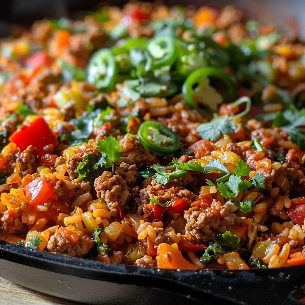 ['Close-up of a Chipotle Ground Turkey Skillet with colorful vegetables.', 'Side view of a delicious Chipotle Ground Turkey Skillet meal prep featuring rice and herbs.', 'Juicy ground turkey skillet with peppers and kale in a meal prep container.', 'Vibrant Chipotle Ground Turkey Skillet showcasing a mix of fresh ingredients.']