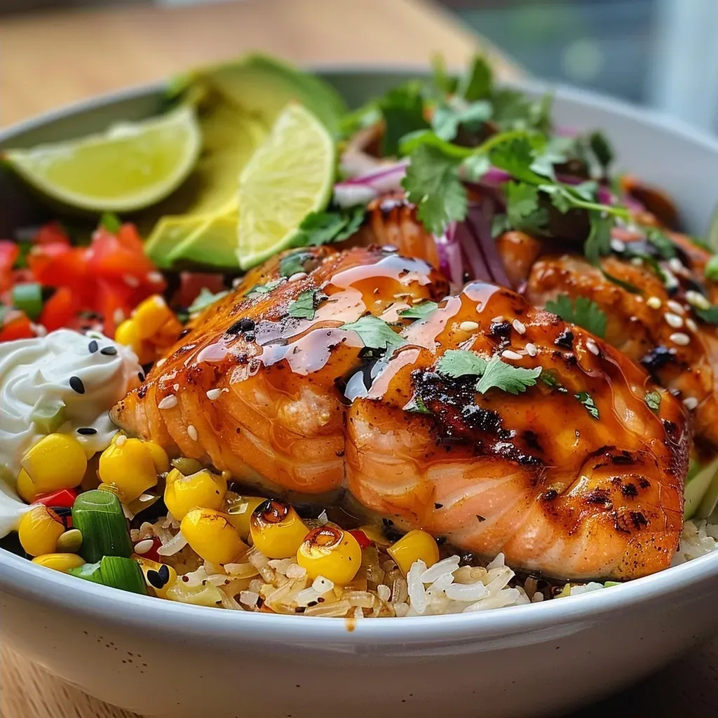 A vibrant Chipotle Honey Salmon Bowl featuring salmon fillets glazed with honey and chipotle sauce, served with rice and fresh toppings.