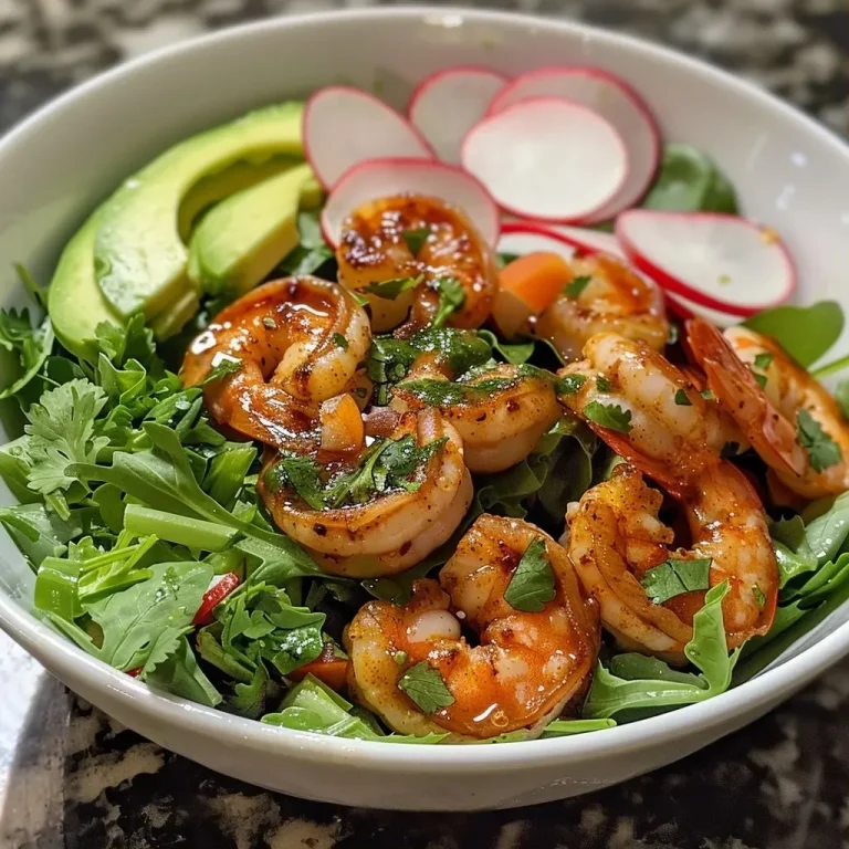 ['Close-up of a vibrant Chipotle Lime Shrimp Salad with fresh ingredients.', 'Juicy shrimp atop a bed of greens, garnished with sliced radishes and avocado.', 'Colorful salad featuring shrimp, nectarine slices, and cilantro vinaigrette.', 'A plate of Chipotle Lime Shrimp Salad showing detailed layers of ingredients.']
