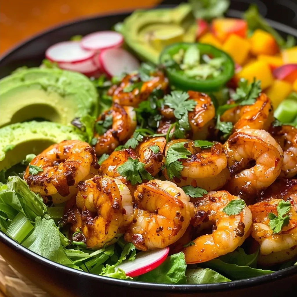 ['Close-up of a vibrant Chipotle Lime Shrimp Salad with fresh ingredients.', 'Juicy shrimp atop a bed of greens, garnished with sliced radishes and avocado.', 'Colorful salad featuring shrimp, nectarine slices, and cilantro vinaigrette.', 'A plate of Chipotle Lime Shrimp Salad showing detailed layers of ingredients.']