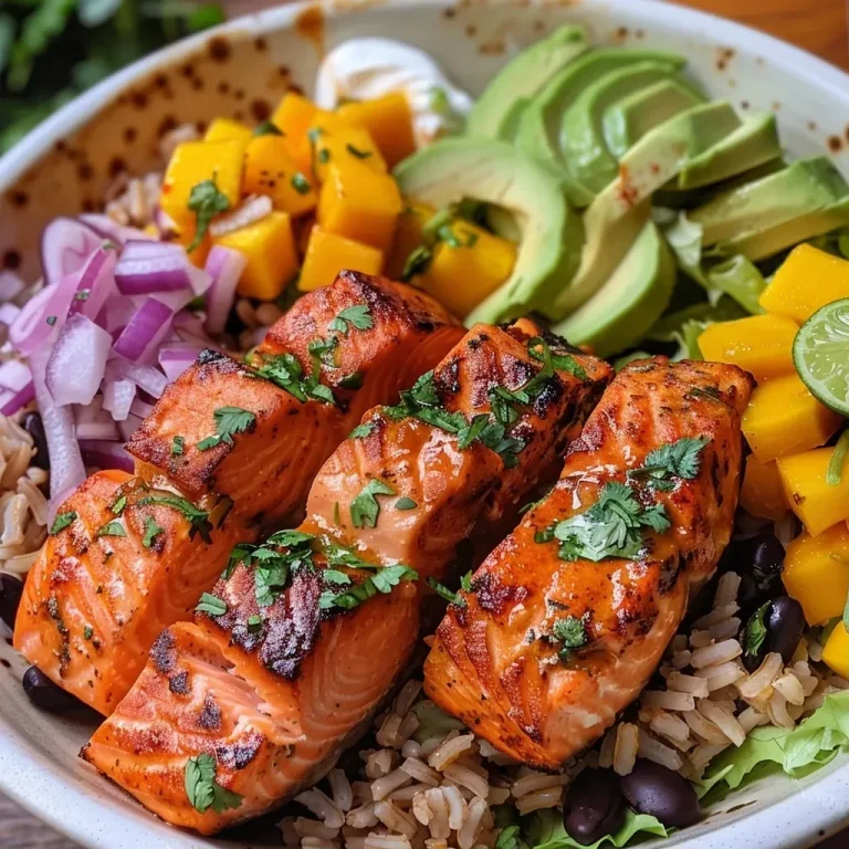 ['A close-up view of a colorful Chipotle Salmon Bowl featuring diced salmon, mango, avocado, and various toppings.', 'A side view of a delicious Chipotle Salmon Bowl, showcasing fresh salmon cubes and vibrant ingredients like avocado and cilantro.', 'A detailed close-up of a Chipotle Salmon Bowl filled with salmon, corn, lettuce, and garnished with lime and cilantro.', 'A visually appealing Chipotle Salmon Bowl featuring salmon, diced mango, jalapeno, and a variety of fresh toppings.']