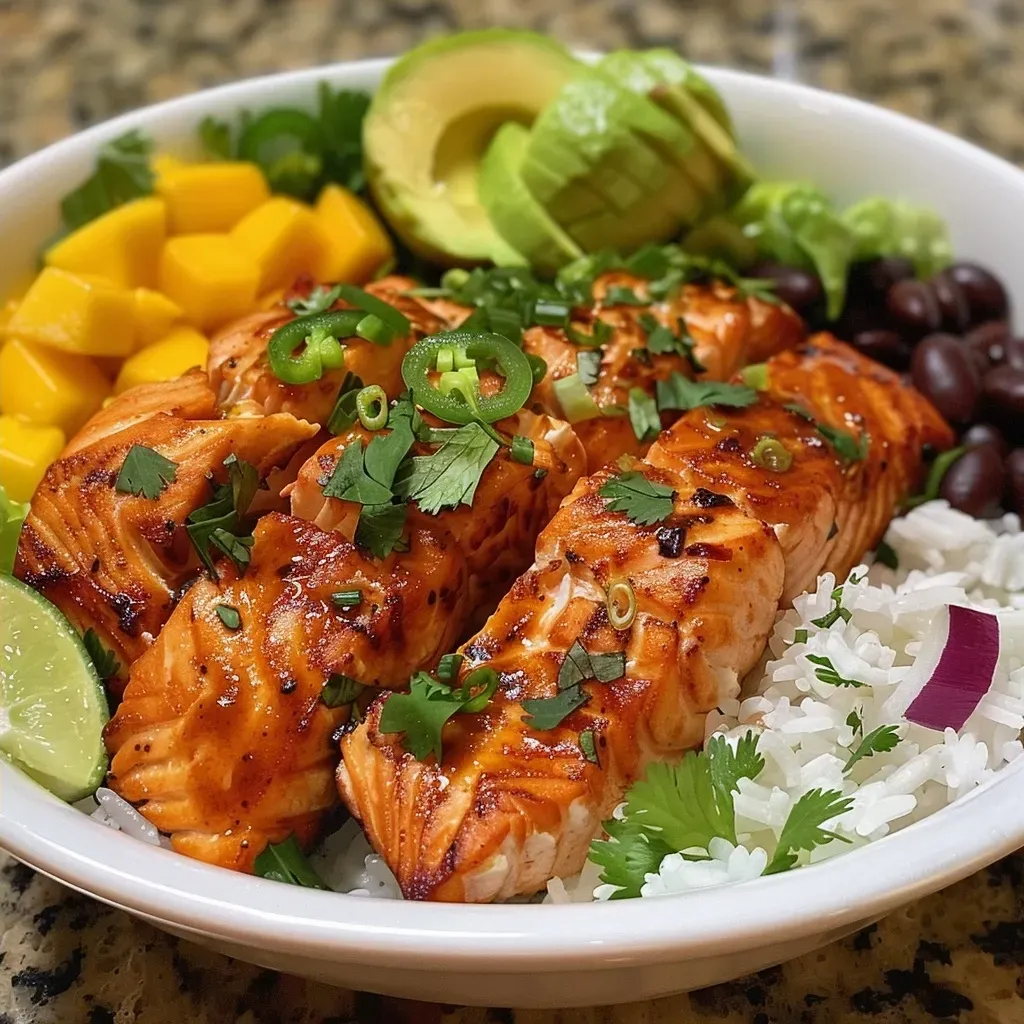 A close-up view of a colorful Chipotle Salmon Bowl featuring diced salmon, mango, avocado, and various toppings.