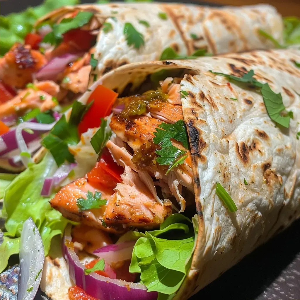 Close-up side view of a Chipotle Wild Alaskan Salmon Wrap filled with colorful ingredients.