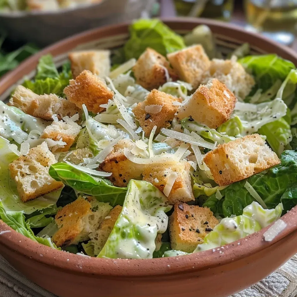 Close-up of a Classic Caesar Salad featuring chopped romaine, croutons, and grated Parmesan.