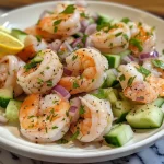 ['Close-up view of a classic shrimp salad with vibrant ingredients.', 'Side view of a shrimp salad showcasing shrimp, celery, and dill.', 'Juicy shrimp salad featuring a colorful mix of vegetables in a bowl.', 'Detailed shot of classic shrimp salad filled with fresh ingredients.']