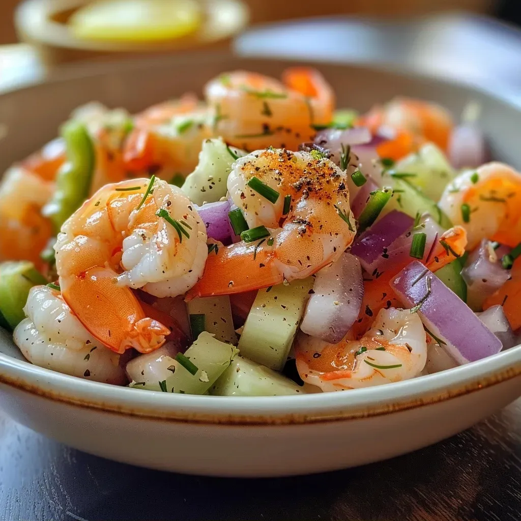 ['Close-up view of a classic shrimp salad with vibrant ingredients.', 'Side view of a shrimp salad showcasing shrimp, celery, and dill.', 'Juicy shrimp salad featuring a colorful mix of vegetables in a bowl.', 'Detailed shot of classic shrimp salad filled with fresh ingredients.']