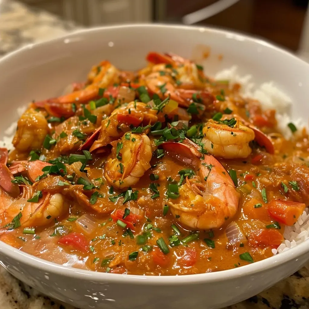 ['Close-up view of a bowl of Crawfish Étouffée, showcasing its rich, savory sauce and succulent crawfish.', 'A side angle of Crawfish Étouffée served over white rice, highlighting the vibrant colors of the dish.', 'Juicy Crawfish Étouffée in a bowl, with vegetables and a smooth sauce, displayed with a rustic background.', 'Delicious Crawfish Étouffée featuring plump crawfish and a creamy sauce, served alongside fluffy white rice.']