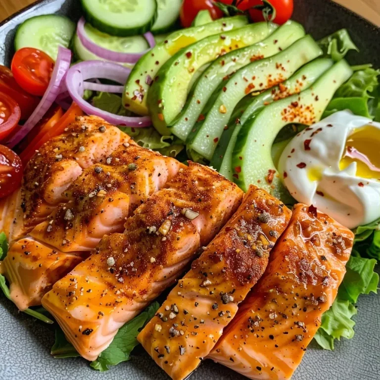 ['A close-up of a creamy salmon salad featuring diced cucumbers, cherry tomatoes, and avocado.', 'Side view of a colorful salmon salad with Greek yogurt dressing garnished with cilantro.', 'Juicy salmon filet atop a salad with vibrant vegetables and a creamy sauce.', 'A delicious bowl of salmon salad showcasing creamy dressing and fresh ingredients.']