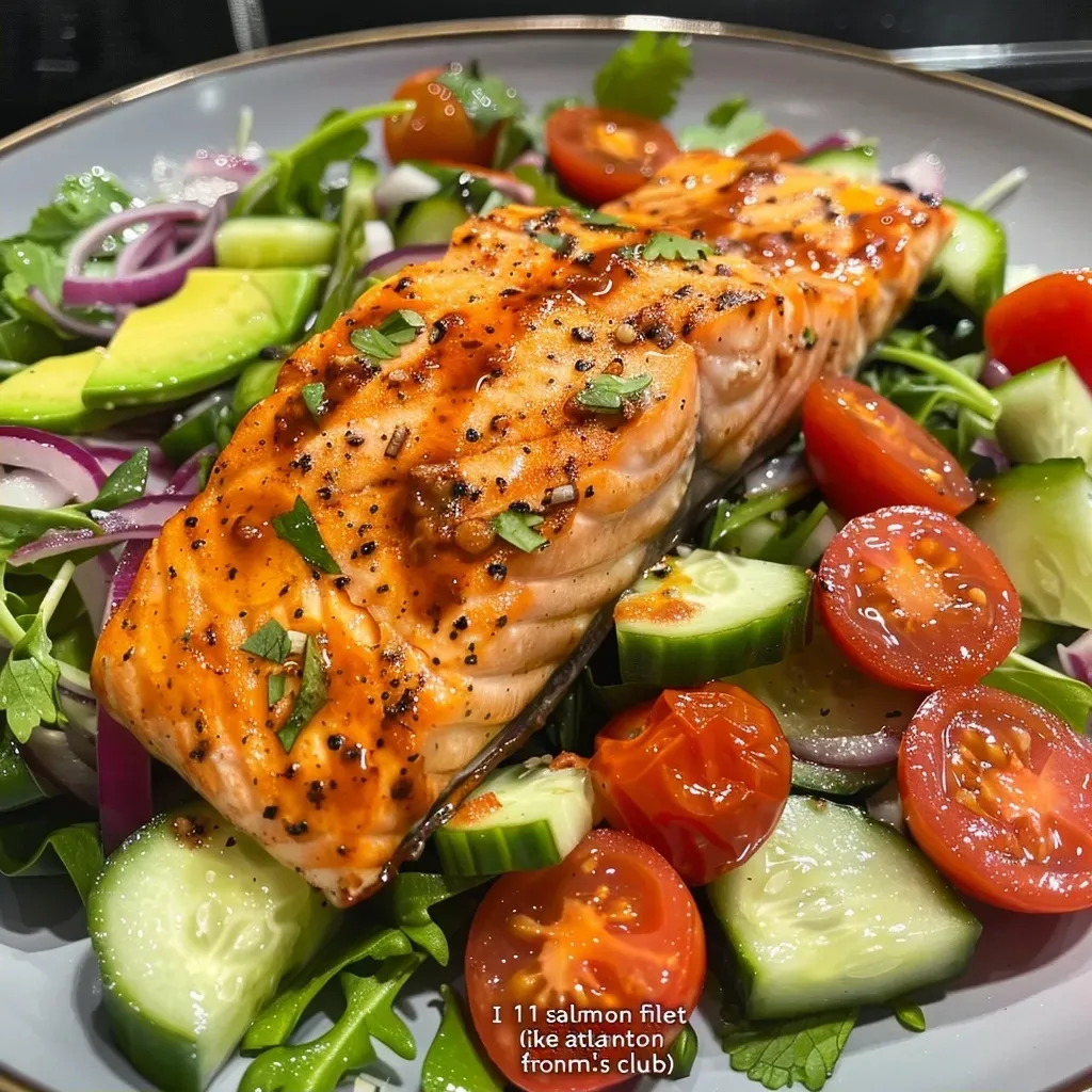 A close-up of a creamy salmon salad featuring diced cucumbers, cherry tomatoes, and avocado.