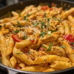 ['Close-up view of creamy Cajun chicken pasta skillet showcasing vibrant red bell peppers and chunks of chicken.', 'Side view of a rich, creamy chicken pasta dish in a skillet, highlighting the textures of the pasta and cheeses.', 'A delicious serving of Cajun chicken pasta, featuring a mix of colorful vegetables and creamy sauce.', 'Juicy pieces of chicken and pasta mingled in a creamy sauce, garnished with fresh parsley in a skillet.']