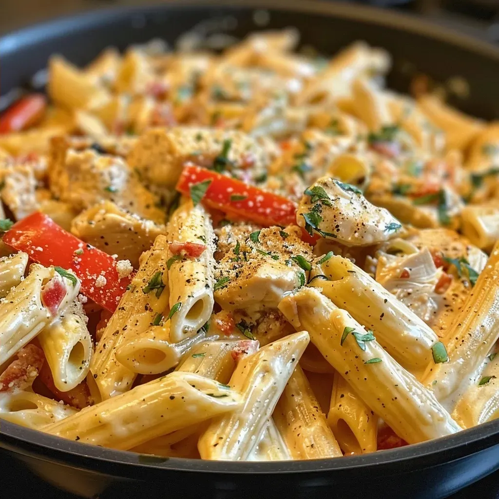 Close-up view of creamy Cajun chicken pasta skillet showcasing vibrant red bell peppers and chunks of chicken.
