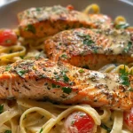 ['Creamy Cajun salmon pasta with spinach and cherry tomatoes, served in a bowl.', 'Close-up view of a delicious creamy pasta dish featuring salmon, garlic, and herbs.', 'A vibrant plate of Cajun salmon pasta, showcasing colorful ingredients and creamy sauce.', 'Side view of fettuccine pasta mixed with salmon, spinach, and Parmesan cheese.']
