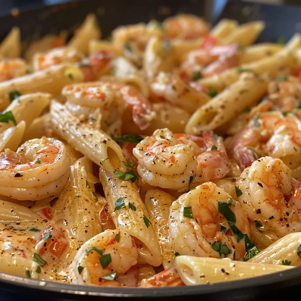Juicy Cajun shrimp pasta topped with herbs and Parmesan cheese.