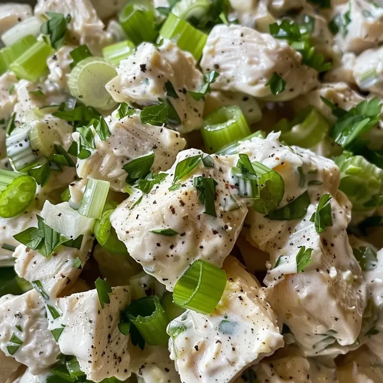 ['Close-up side view of creamy chicken salad garnished with fresh herbs.', 'Juicy chicken salad with green onions and herbs, viewed from the side.', 'Delicious creamy chicken salad featuring diced celery and herbs in focus.', 'Side angle of a flavorful chicken salad showcasing vibrant green herbs.']