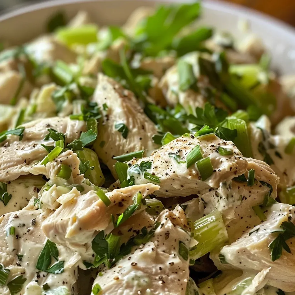 ['Close-up side view of creamy chicken salad garnished with fresh herbs.', 'Juicy chicken salad with green onions and herbs, viewed from the side.', 'Delicious creamy chicken salad featuring diced celery and herbs in focus.', 'Side angle of a flavorful chicken salad showcasing vibrant green herbs.']