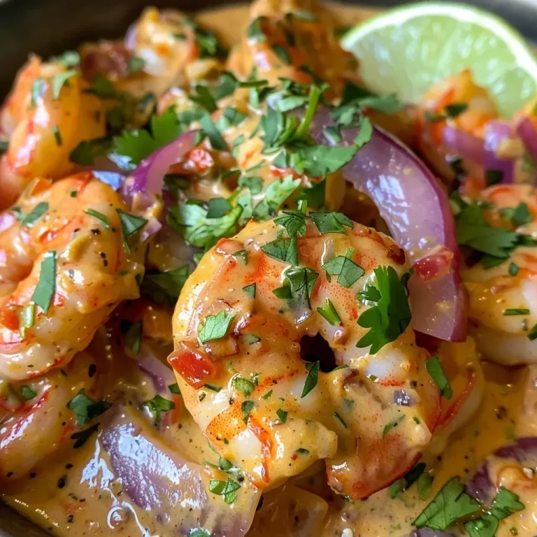 ['Close-up view of creamy chipotle shrimp garnished with cilantro.', 'Side view of juicy shrimp in a rich chipotle sauce with red peppers.', 'Delicious creamy shrimp dish showcasing vibrant colors and texture.', 'Close-up of shrimp with a creamy sauce and fresh ingredients.']