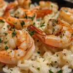 ['Close-up of creamy garlic shrimp served over fluffy rice.', 'Juicy shrimp in a rich garlic sauce with garnished rice.', 'Delicious creamy garlic shrimp dish with parsley on top.', 'Side view of shrimp and rice, showcasing creamy texture and ingredients.']