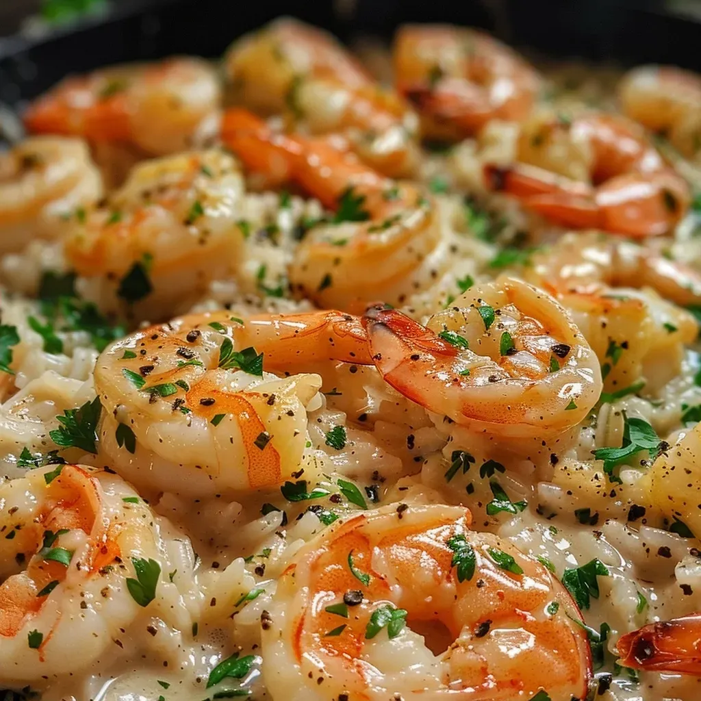 Close-up of creamy garlic shrimp served over fluffy rice.