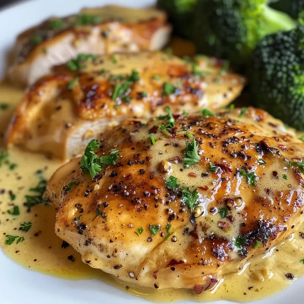 ['Juicy, creamy honey mustard chicken served with broccoli, captured in close-up.', 'Side view of a plated honey mustard chicken dish, showcasing its creamy sauce and vibrant broccoli.', 'Close-up of tender chicken breasts drizzled with honey mustard sauce, garnished with parsley and broccoli.', 'Appetizing honey mustard chicken dish highlighting its creamy texture and colorful vegetable accompaniments.']