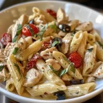 ['Close-up view of creamy Mediterranean chicken pasta with colorful ingredients.', 'Juicy chicken and pasta dish featuring olive oil, cherry tomatoes, and olives.', 'Creamy pasta dish showcasing diced chicken, sun-dried tomatoes, and basil.', 'Side view of a bowl of creamy Mediterranean chicken pasta garnished with fresh basil.']