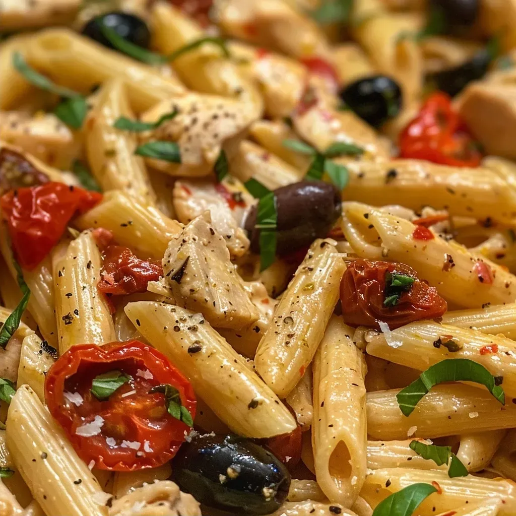 ['Close-up view of creamy Mediterranean chicken pasta with colorful ingredients.', 'Juicy chicken and pasta dish featuring olive oil, cherry tomatoes, and olives.', 'Creamy pasta dish showcasing diced chicken, sun-dried tomatoes, and basil.', 'Side view of a bowl of creamy Mediterranean chicken pasta garnished with fresh basil.']