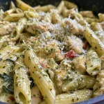['Close-up view of creamy pesto chicken pasta with sun-dried tomatoes and fresh spinach.', 'Juicy chicken breast slices mixed with short pasta in a rich creamy pesto sauce.', 'A vibrant bowl of creamy pesto chicken pasta garnished with grated Parmesan cheese.', 'Deliciously plated creamy pesto chicken pasta highlighting fresh ingredients and sauce texture.']