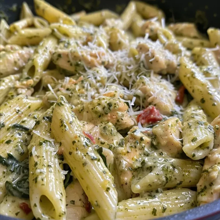 ['Close-up view of creamy pesto chicken pasta with sun-dried tomatoes and fresh spinach.', 'Juicy chicken breast slices mixed with short pasta in a rich creamy pesto sauce.', 'A vibrant bowl of creamy pesto chicken pasta garnished with grated Parmesan cheese.', 'Deliciously plated creamy pesto chicken pasta highlighting fresh ingredients and sauce texture.']