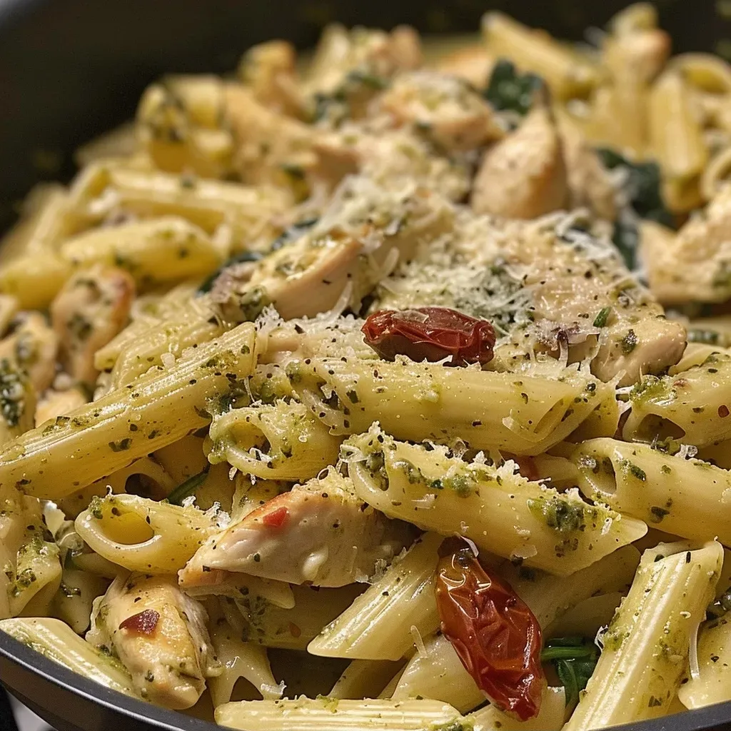 ['Close-up view of creamy pesto chicken pasta with sun-dried tomatoes and fresh spinach.', 'Juicy chicken breast slices mixed with short pasta in a rich creamy pesto sauce.', 'A vibrant bowl of creamy pesto chicken pasta garnished with grated Parmesan cheese.', 'Deliciously plated creamy pesto chicken pasta highlighting fresh ingredients and sauce texture.']