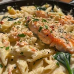 ['Close-up view of creamy salmon pasta with fettuccine and garnished with fresh dill.', 'A side view of a bowl filled with creamy salmon pasta, showcasing the ingredients.', 'An enticing close-up of salmon fettuccine pasta drizzled with creamy sauce.', 'Delicious creamy pasta with salmon, garlic, and herbs served in a bowl.']