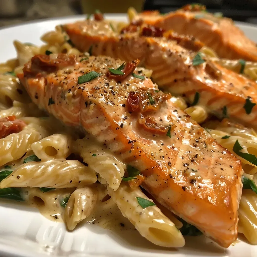 ['Close-up view of creamy salmon pasta with fettuccine and garnished with fresh dill.', 'A side view of a bowl filled with creamy salmon pasta, showcasing the ingredients.', 'An enticing close-up of salmon fettuccine pasta drizzled with creamy sauce.', 'Delicious creamy pasta with salmon, garlic, and herbs served in a bowl.']