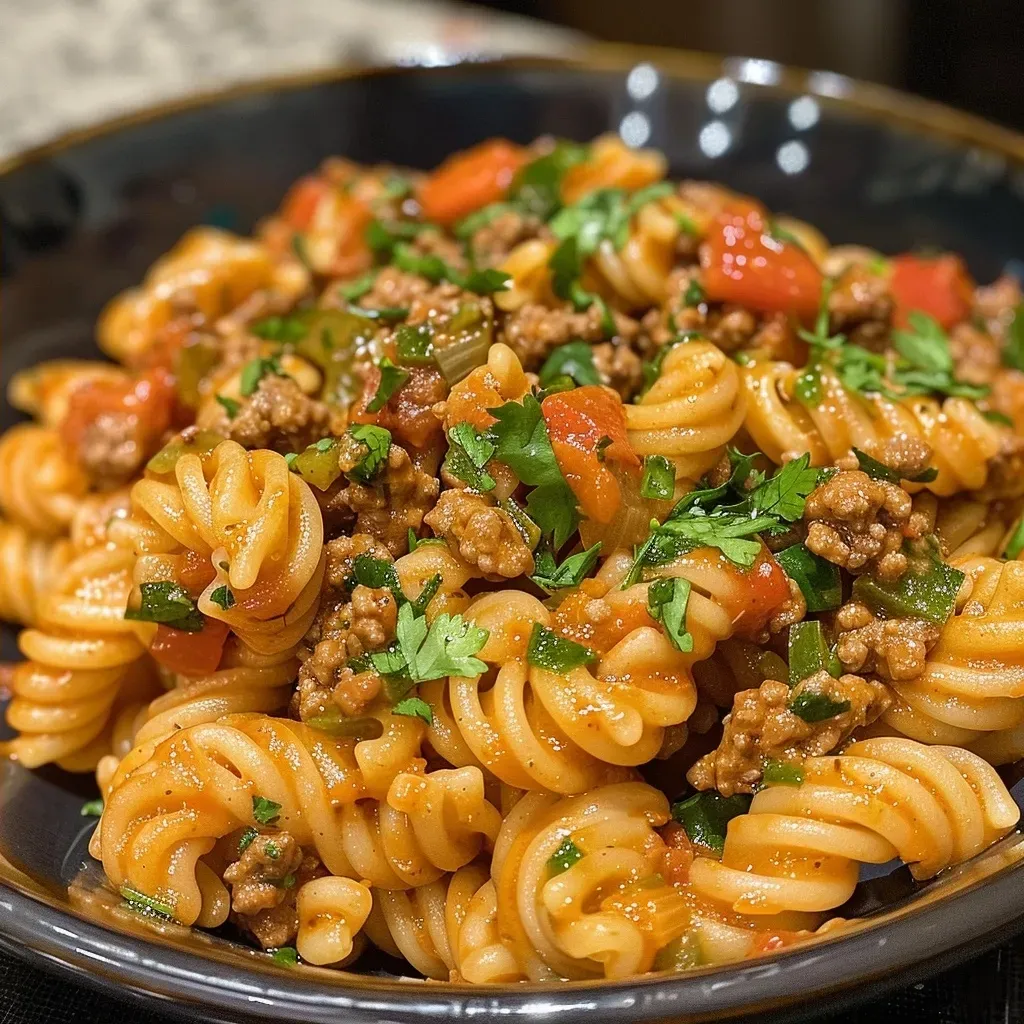 Close-up of creamy Southwestern Chipotle Beef Pasta with cavatappi and colorful toppings.
