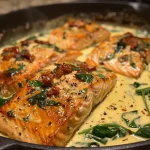 ['Close-up side view of creamy Tuscan salmon topped with sun-dried tomatoes and fresh spinach.', 'Juicy salmon fillet in creamy sauce with chopped sun-dried tomatoes and spinach on a plate.', 'Salmon fillet served with a rich creamy sauce, sun-dried tomatoes, and fresh greenery.', 'Delicious creamy salmon dish garnished with sun-dried tomatoes and fresh basil leaves.']