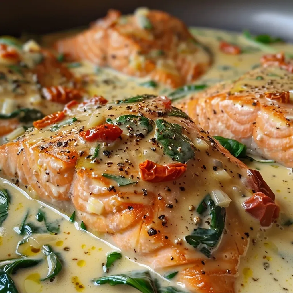 Close-up side view of creamy Tuscan salmon topped with sun-dried tomatoes and fresh spinach.