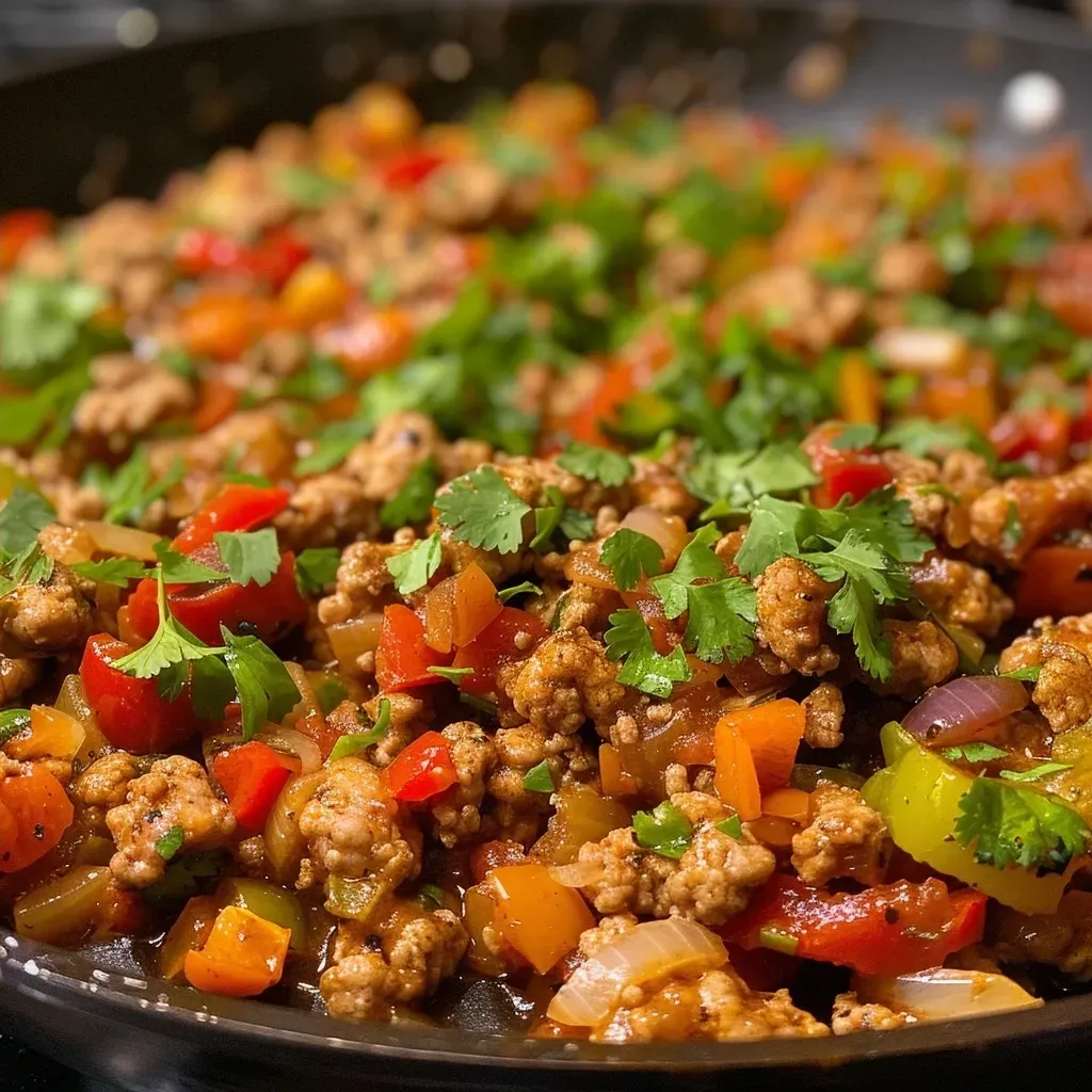 Close-up of a plate featuring Cajun ground turkey with colorful vegetables.
