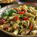['Close-up of Easy Chicken Pesto Pasta with roasted tomatoes and pine nuts.', 'Side view of a bowl of Chicken Pesto Pasta topped with fresh basil and grated Parmesan.', 'Juicy Chicken Pesto Pasta featuring halved cherry tomatoes and a drizzle of olive oil.', 'Colorful plate of Chicken Pesto Pasta with vibrant cherry tomatoes and a sprinkle of basil.']