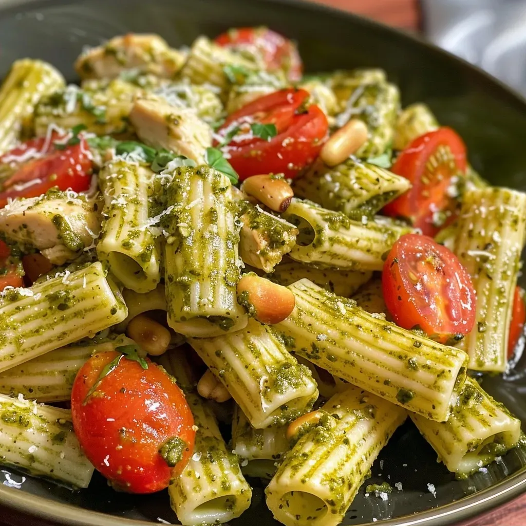 ['Close-up of Easy Chicken Pesto Pasta with roasted tomatoes and pine nuts.', 'Side view of a bowl of Chicken Pesto Pasta topped with fresh basil and grated Parmesan.', 'Juicy Chicken Pesto Pasta featuring halved cherry tomatoes and a drizzle of olive oil.', 'Colorful plate of Chicken Pesto Pasta with vibrant cherry tomatoes and a sprinkle of basil.']