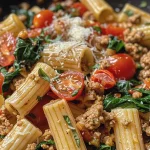 ['Close-up view of a colorful bowl of pasta with ground turkey, spinach, and cherry tomatoes.', 'Side view of a plate filled with easy pasta featuring ground turkey and vibrant vegetables.', 'Juicy pasta dish showcasing ground turkey, spinach, and halved cherry tomatoes, garnished with Parmesan.', 'Delicious bowl of whole wheat pasta with ground turkey, garlic, and Italian seasonings, ready to serve.']