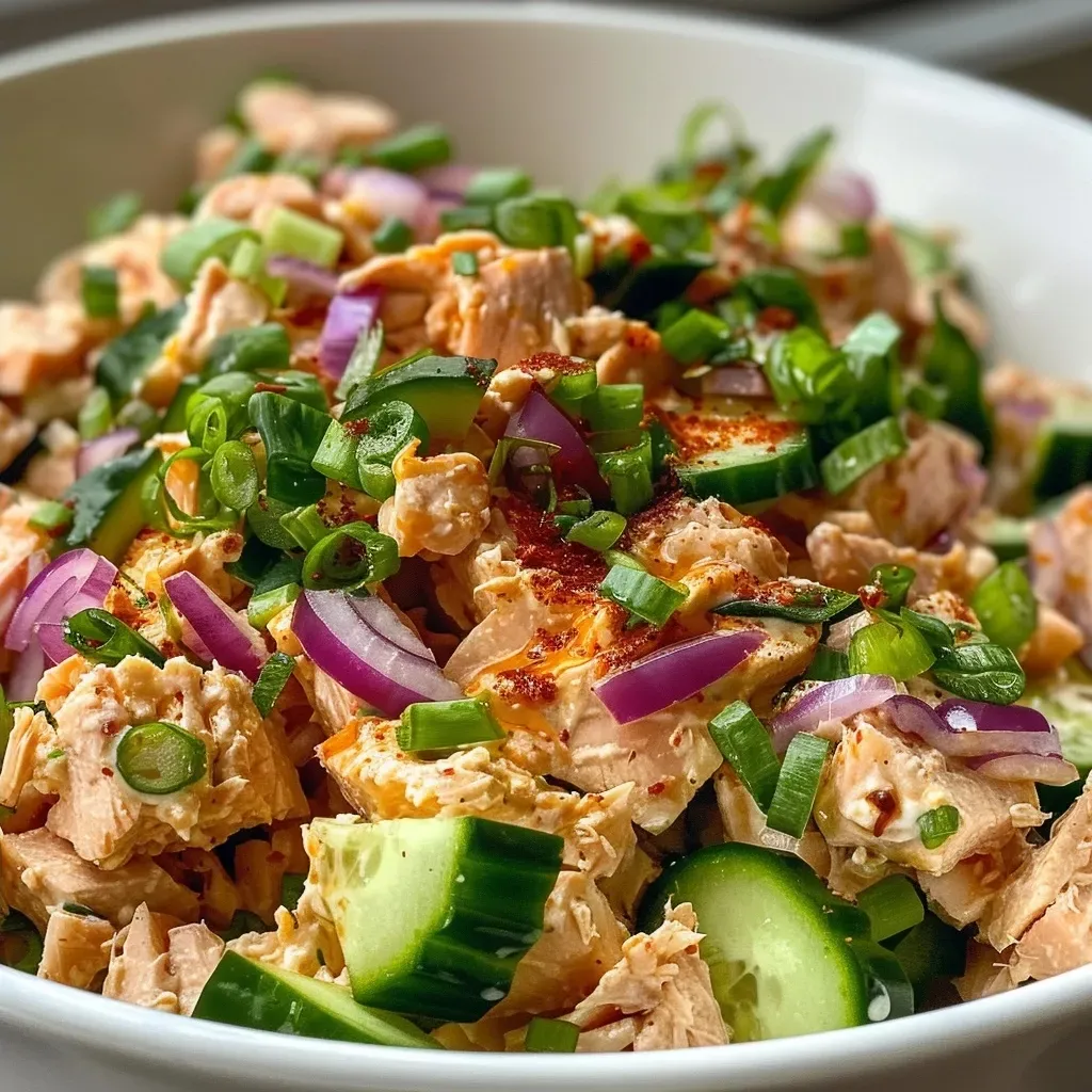 ['Close-up side view of a colorful Easy Spicy Tuna Salad with fresh vegetables.', 'Juicy Easy Spicy Tuna Salad displayed in a bowl, showcasing vibrant ingredients.', 'Detailed close-up of a refreshing Easy Spicy Tuna Salad with various toppings.', 'Side view of a flavorful Easy Spicy Tuna Salad, highlighting its creamy texture and ingredients.']