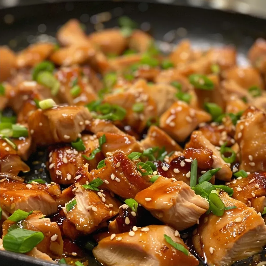 Close-up view of juicy teriyaki chicken cubes garnished with sesame seeds and green onions.