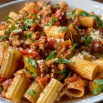 ['A close-up view of a steaming bowl of Easy Turkey Ragù, with visible chunks of turkey and colorful vegetables.', 'Side perspective of a plate filled with Easy Turkey Ragù, showcasing the rich sauce and pasta.', 'Detailed image of Easy Turkey Ragù featuring ground turkey, bell peppers, and cheese, garnished with fresh basil.', 'A vibrant bowl of Easy Turkey Ragù, highlighting the pasta and juicy turkey in a tomato sauce.']