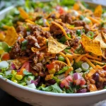 ['A close-up of a colorful Frito Taco Salad featuring greens, meat, beans, cheese, and Fritos.', 'A tantalizing side view of a Frito Taco Salad showcasing its vibrant ingredients.', 'A detailed shot of a Frito Taco Salad with a mix of greens, taco meat, and crunchy Fritos.', 'A succulent Frito Taco Salad displayed with layers of fresh ingredients and tangy dressing.']