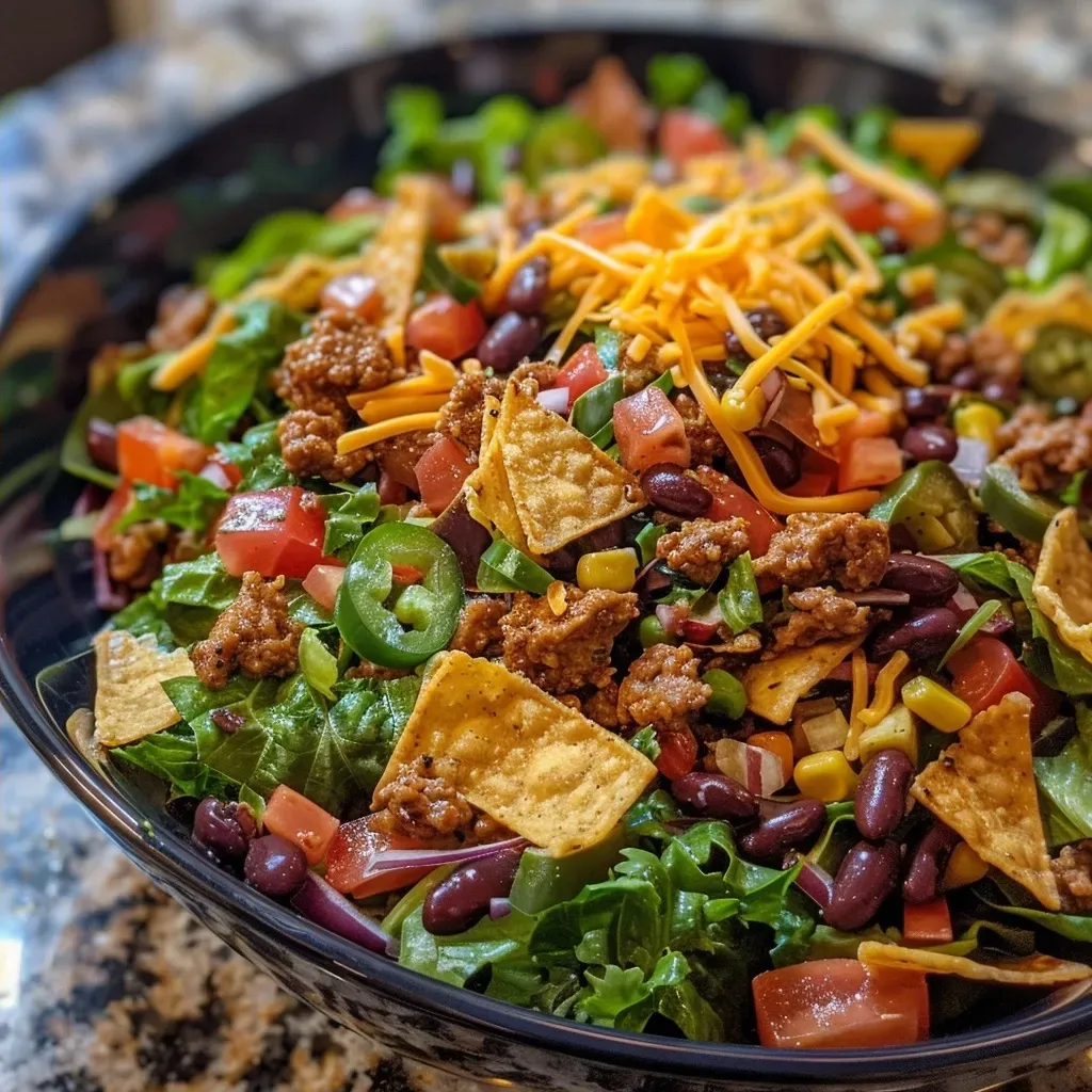 A close-up of a colorful Frito Taco Salad featuring greens, meat, beans, cheese, and Fritos.