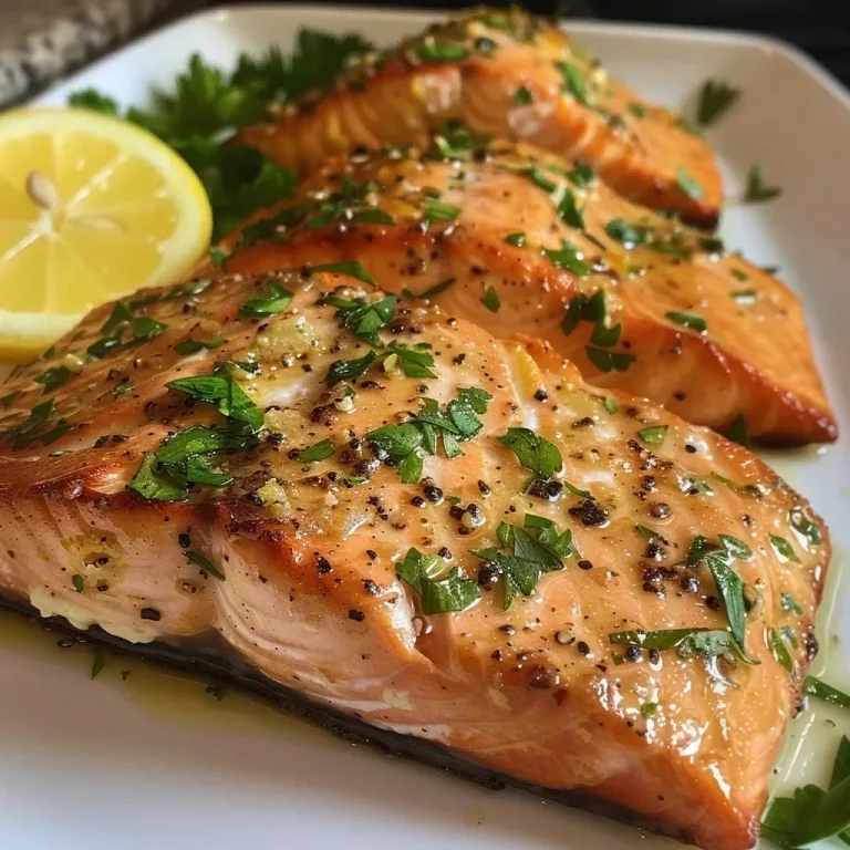 ['Close-up view of juicy garlic butter salmon fillet garnished with parsley and lemon wedges.', 'Side view of a succulent salmon fillet glistening with garlic butter and served with lemon.', 'Detailed shot of a salmon fillet drizzled with melted butter and topped with fresh herbs.', 'Crisp photo of garlic butter salmon on a plate, showcasing texture and vibrant colors.']