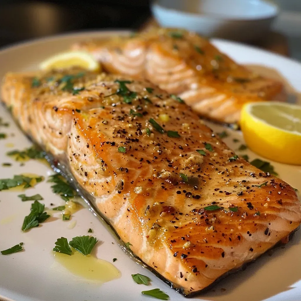 ['Close-up view of juicy garlic butter salmon fillet garnished with parsley and lemon wedges.', 'Side view of a succulent salmon fillet glistening with garlic butter and served with lemon.', 'Detailed shot of a salmon fillet drizzled with melted butter and topped with fresh herbs.', 'Crisp photo of garlic butter salmon on a plate, showcasing texture and vibrant colors.']
