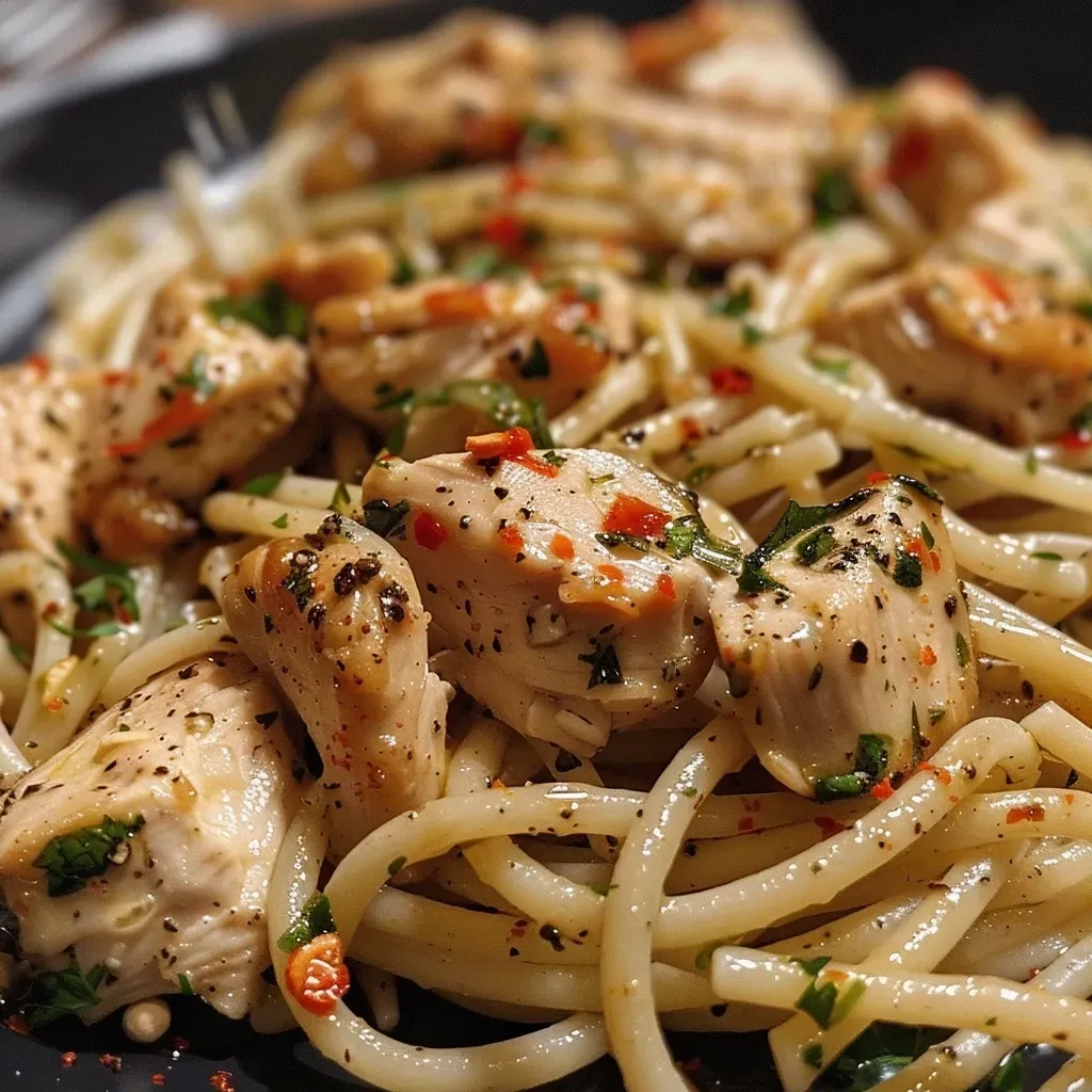 Close-up view of creamy garlic herb chicken pasta garnished with herbs.