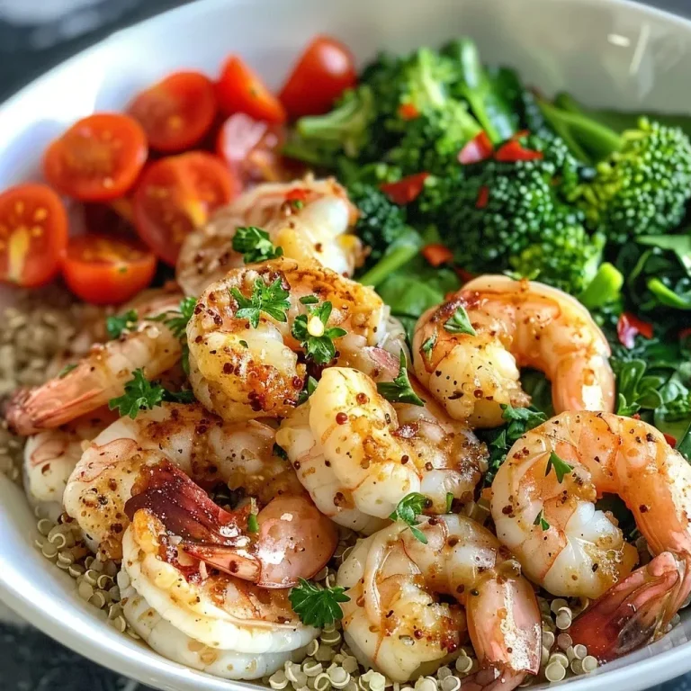 ['A close-up side view of a Garlic Lemon Shrimp Quinoa Power Bowl featuring shrimp, quinoa, and fresh vegetables.', 'A vibrant Garlic Lemon Shrimp Quinoa Power Bowl with colorful ingredients like shrimp, cherry tomatoes, and spinach.', 'Detailed side view of a bowl filled with Garlic Lemon Shrimp, quinoa, and assorted fresh vegetables.', 'A beautifully arranged Garlic Lemon Shrimp Quinoa Power Bowl brimming with shrimp, quinoa, and bright veggies.']