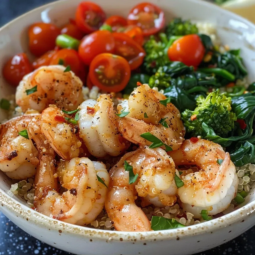 ['A close-up side view of a Garlic Lemon Shrimp Quinoa Power Bowl featuring shrimp, quinoa, and fresh vegetables.', 'A vibrant Garlic Lemon Shrimp Quinoa Power Bowl with colorful ingredients like shrimp, cherry tomatoes, and spinach.', 'Detailed side view of a bowl filled with Garlic Lemon Shrimp, quinoa, and assorted fresh vegetables.', 'A beautifully arranged Garlic Lemon Shrimp Quinoa Power Bowl brimming with shrimp, quinoa, and bright veggies.']