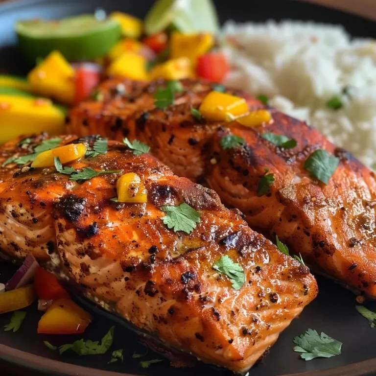 ['Juicy Cajun salmon filet with a vibrant mango salsa on a white plate.', 'Close-up of seasoned salmon topped with fresh mango and red pepper salsa.', 'Side view of golden-brown Cajun salmon garnished with cilantro and lime wedges.', 'Delicious gluten-free salmon fillet served with diced mango and avocado.']