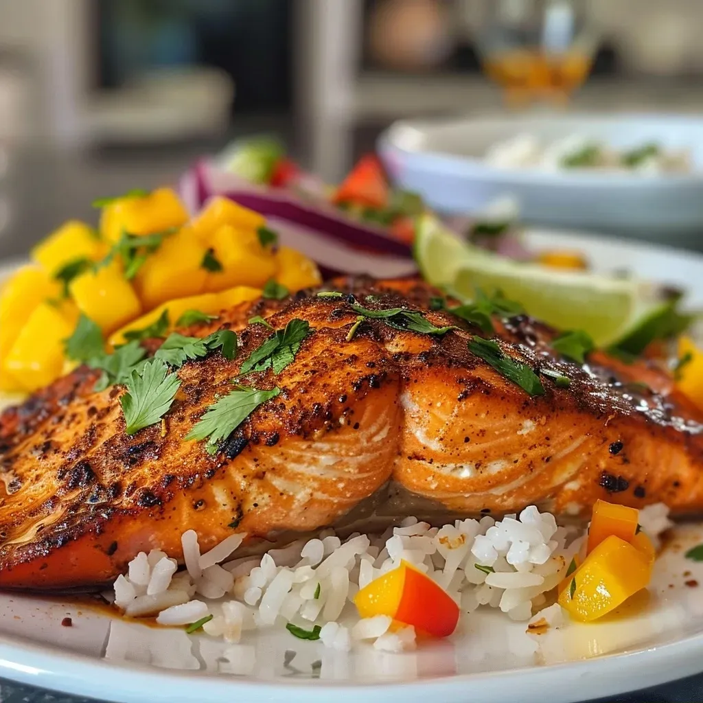 ['Juicy Cajun salmon filet with a vibrant mango salsa on a white plate.', 'Close-up of seasoned salmon topped with fresh mango and red pepper salsa.', 'Side view of golden-brown Cajun salmon garnished with cilantro and lime wedges.', 'Delicious gluten-free salmon fillet served with diced mango and avocado.']