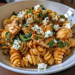 ['Close-up of creamy Greek chicken pasta with vibrant asparagus and a sprinkle of feta cheese.', 'Side view of a bowl of Greek chicken pasta with harissa cream sauce, garnished with fresh herbs.', 'Juicy pieces of chicken mixed with short pasta and colorful vegetables in a creamy sauce.', 'Delicious plate of zesty Greek chicken pasta featuring a rich feta and harissa cream.']